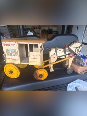 1930’s Vintage Wooden Pull Wagon Toy - Milk & Cream in Yellow and Cream